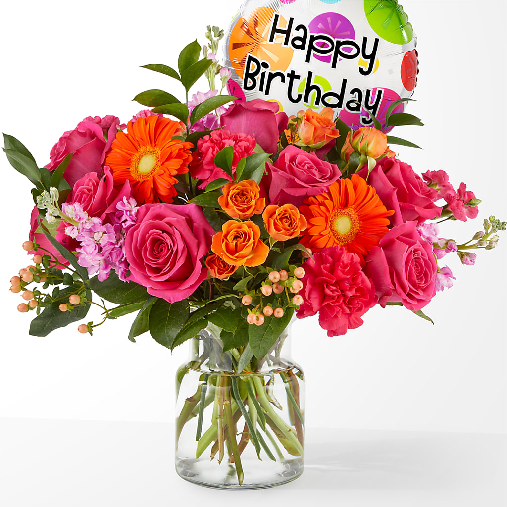 Fiesta Bouquet with Birthday Balloon – Caines Flowers, Barberton OH