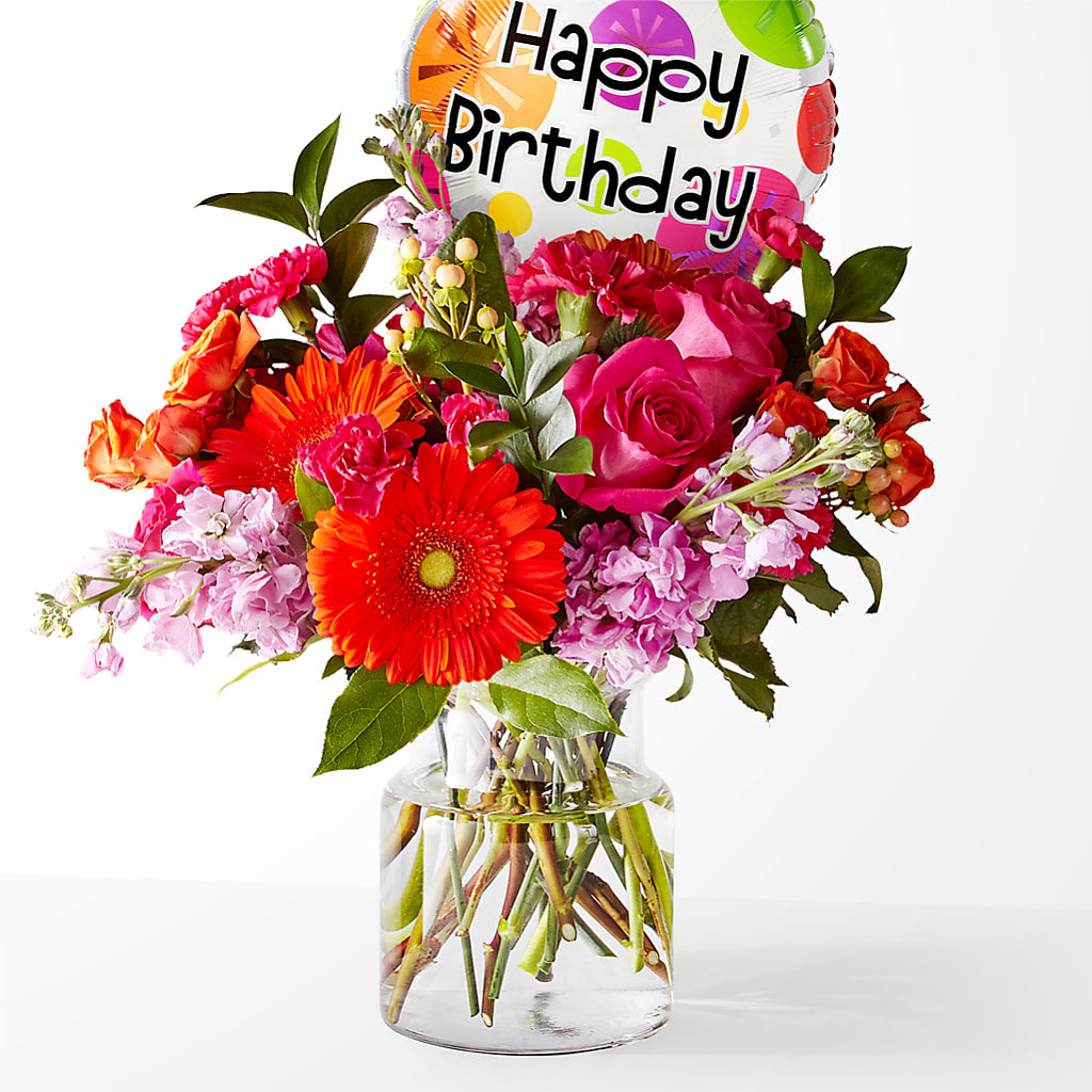 Fiesta Bouquet with Birthday Balloon – Caines Flowers, Barberton OH