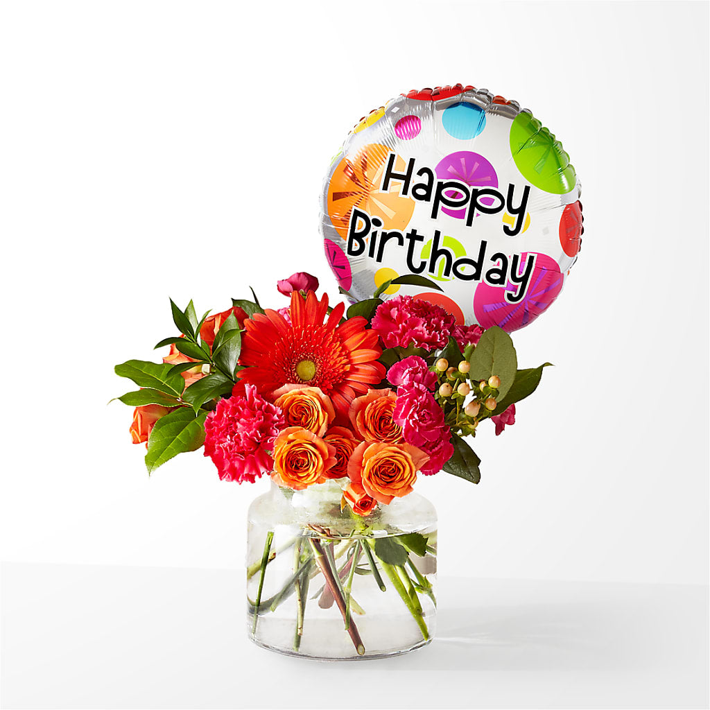 Fiesta Bouquet with Birthday Balloon – Caines Flowers, Barberton OH