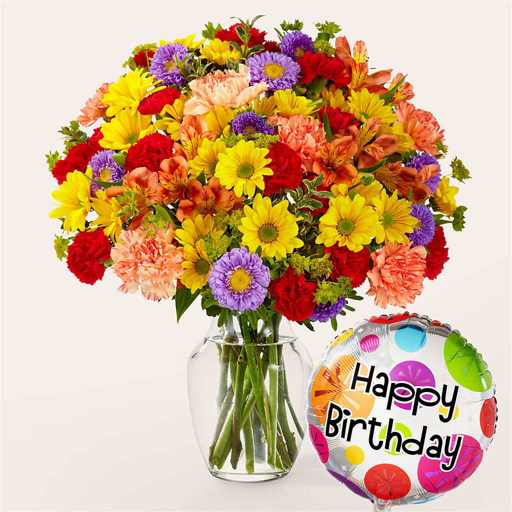 Kaleidoscope Bouquet with Birthday Balloon – Caines Flowers, Barberton OH