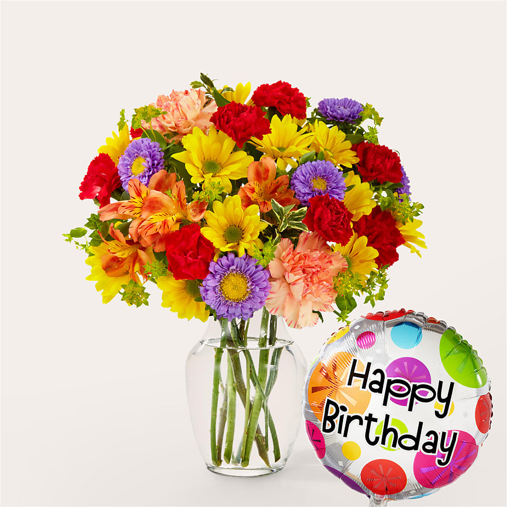 Kaleidoscope Bouquet with Birthday Balloon – Caines Flowers, Barberton OH