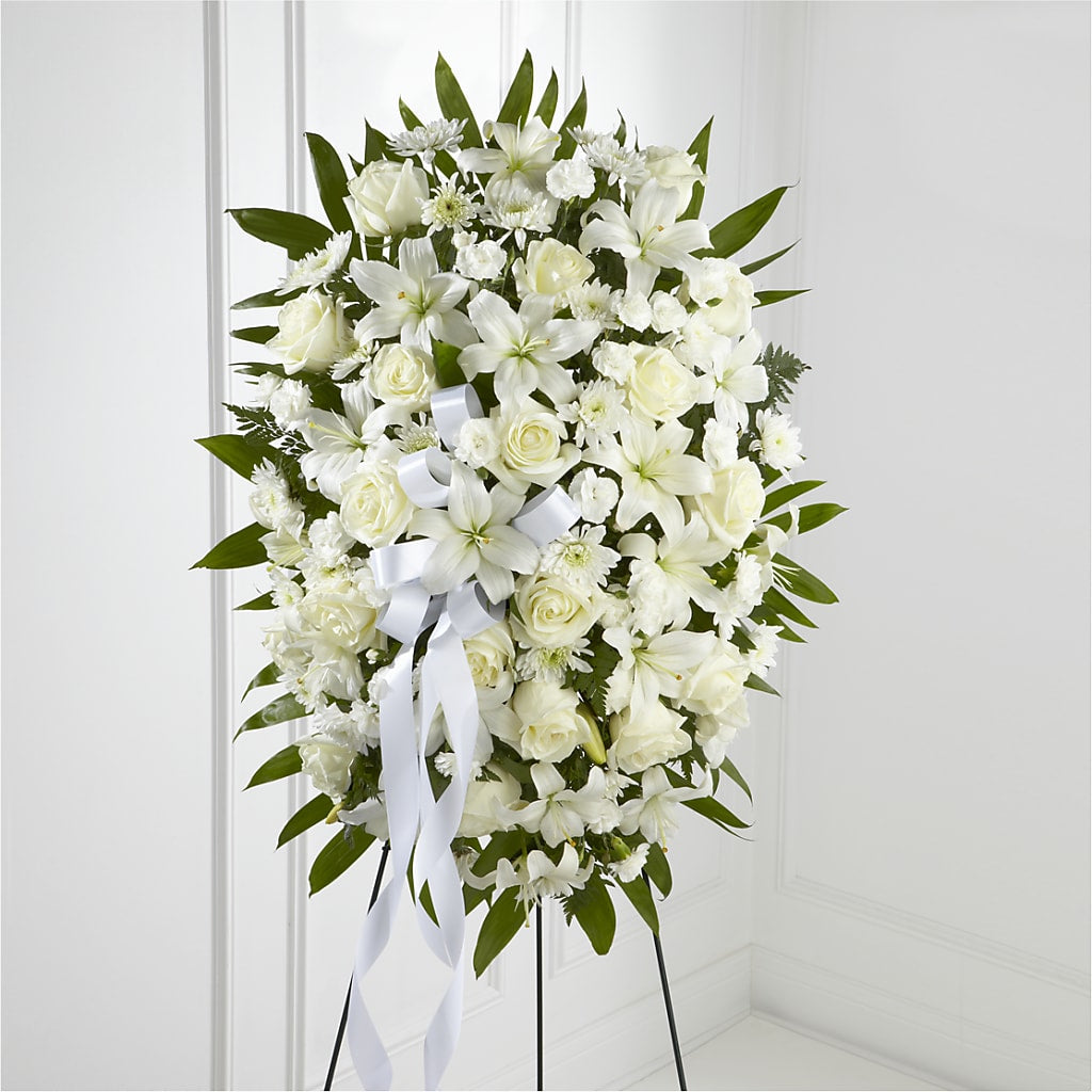 Exquisite Tribute Standing Spray-White Ribbon – Caines Flowers, Barberton OH
