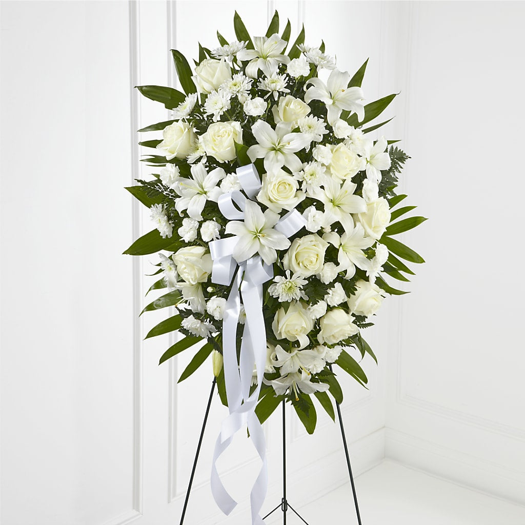 Exquisite Tribute Standing Spray-White Ribbon – Caines Flowers, Barberton OH