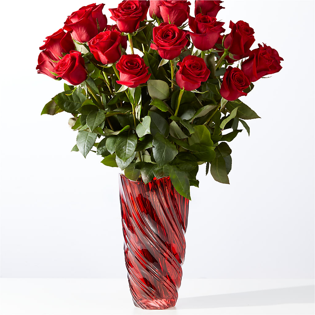 Classic Love Red Rose Bouquet with Luxe Swirl Vase – Caines Flowers, Barberton OH