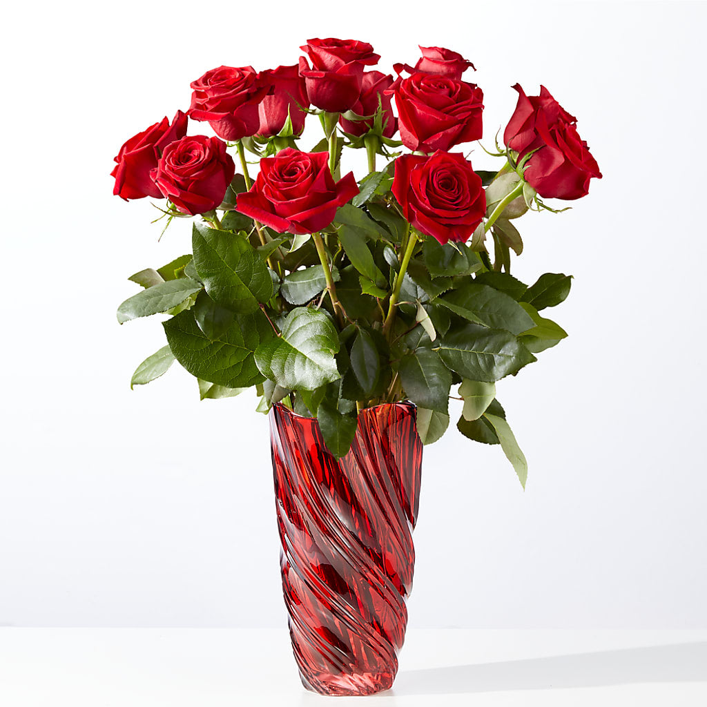 Classic Love Red Rose Bouquet with Luxe Swirl Vase – Caines Flowers, Barberton OH