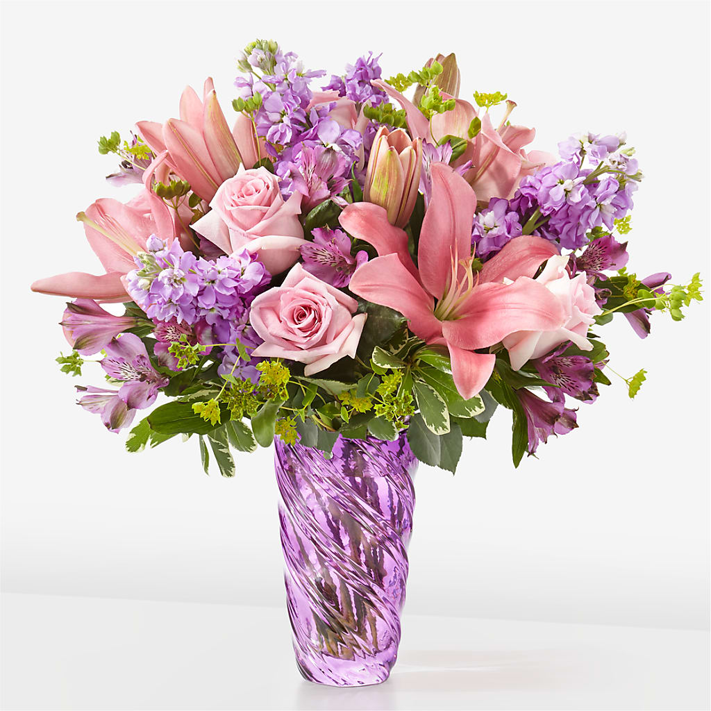 Precious Petals Bouquet with Luxe Swirl Vase – Caines Flowers, Barberton OH