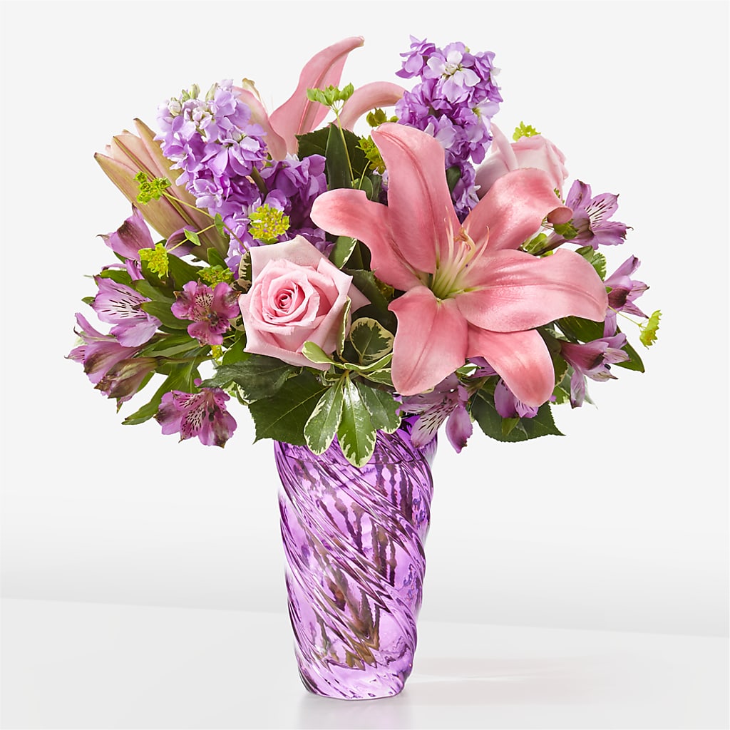 Precious Petals Bouquet with Luxe Swirl Vase – Caines Flowers, Barberton OH
