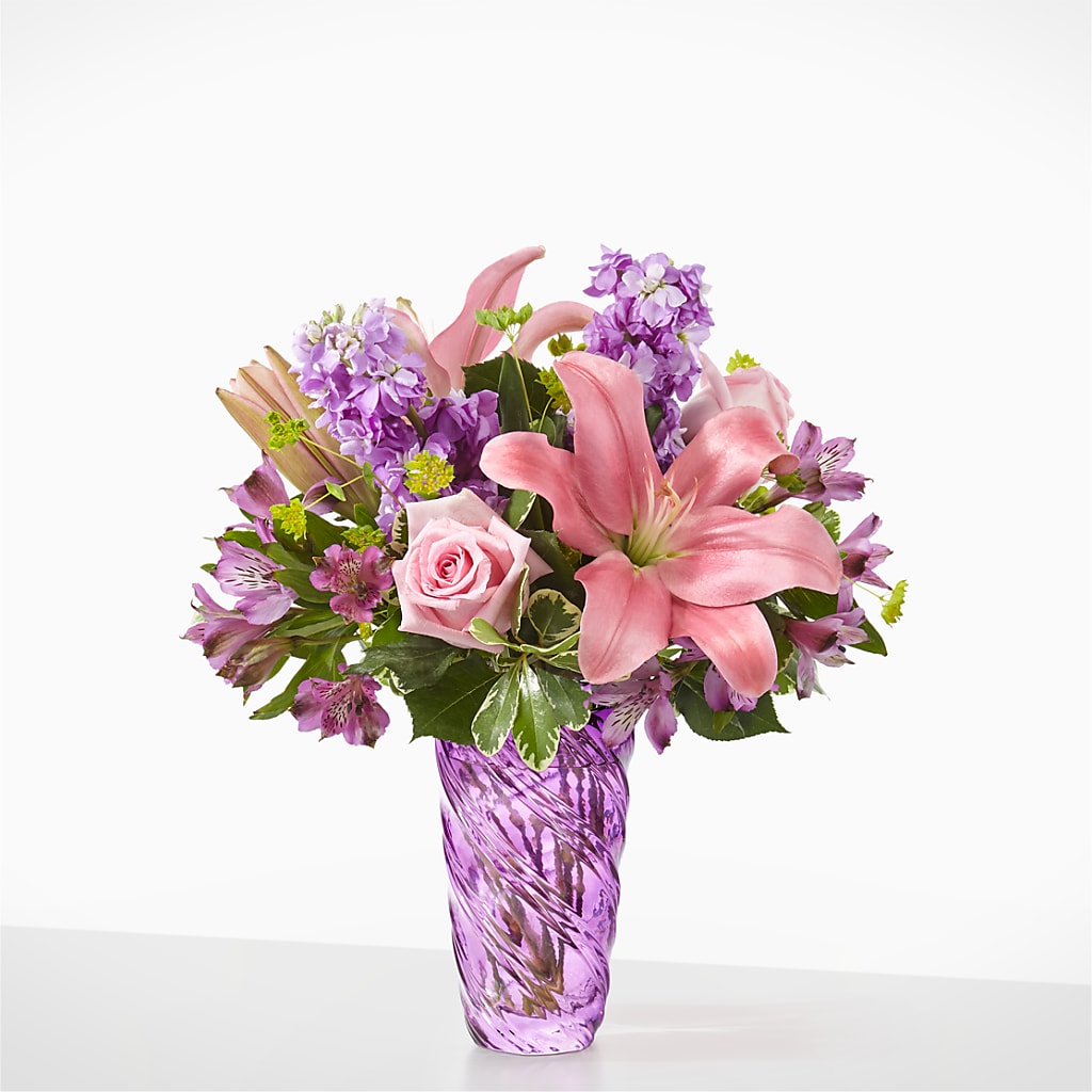 Precious Petals Bouquet with Luxe Swirl Vase – Caines Flowers, Barberton OH